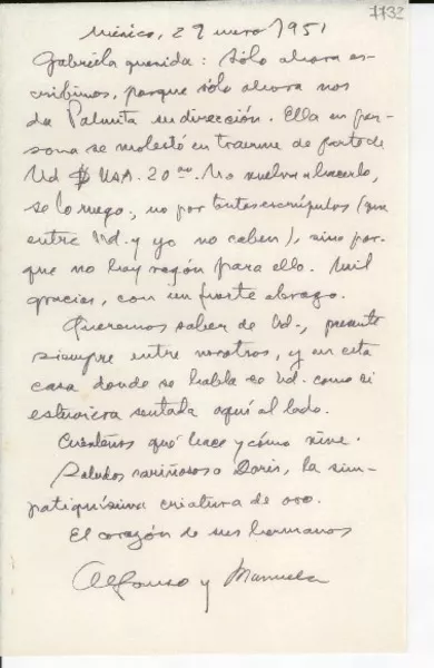 [Carta] 1951 ene. 29, México [a] Gabriela Mistral  [manuscrito] Alfonso [Reyes] y Manuela.