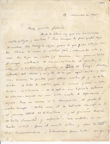 [Carta] 1945 nov. 13 [a] Gabriela [Mistral]  [manuscrito] Carles [Ribas].