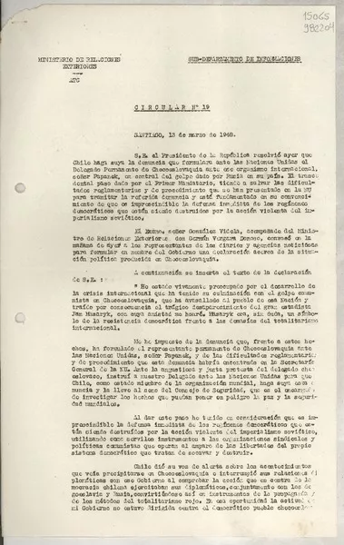 Circular N° 19, 1948 mar. 13, Santiago [a] los señores Jefes de Misión y Consules de Chile  [manuscrito] Manuel Trucco.