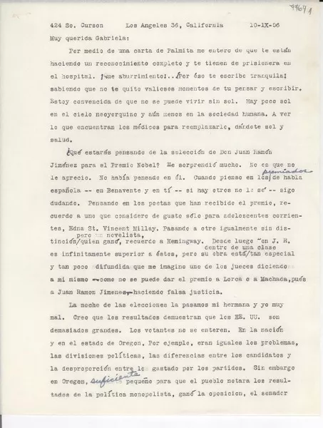 [Carta] 1956 sept. 10, Los Angeles, California, [EE.UU.] [a] Gabriela [Mistral]  [manuscrito] Anita Risdon.