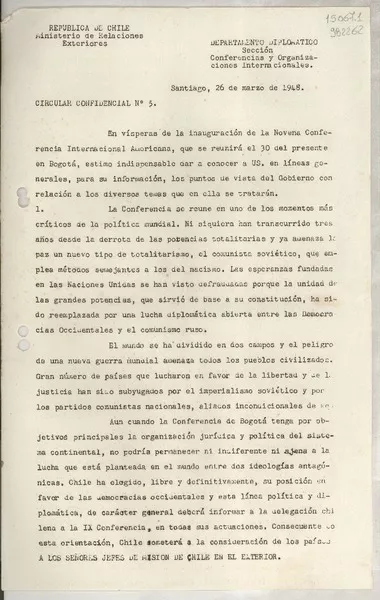 Circular Confidencial N° 5, 1948 mar. 26, Santiago [a] los Señores Jefes de Misión de Chile en el exterior  [manuscrito] Manuel Trucco.