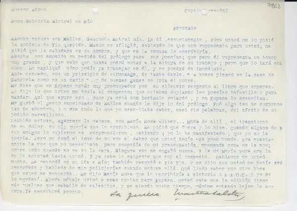 [Carta] 1943 sept., Buenos Aires, [Argentina] [a] Gabriela Mistral, Río, [Brasil]  [manuscrito] Martha Salotti.