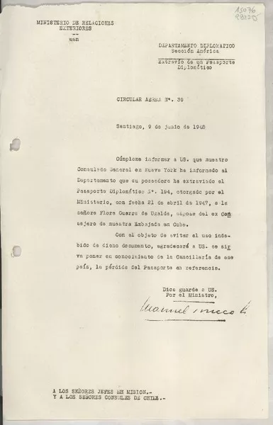 Circular N° 39, 1948 jun. 9, Santiago, [Chile]  [manuscrito] Manuel Trucco.