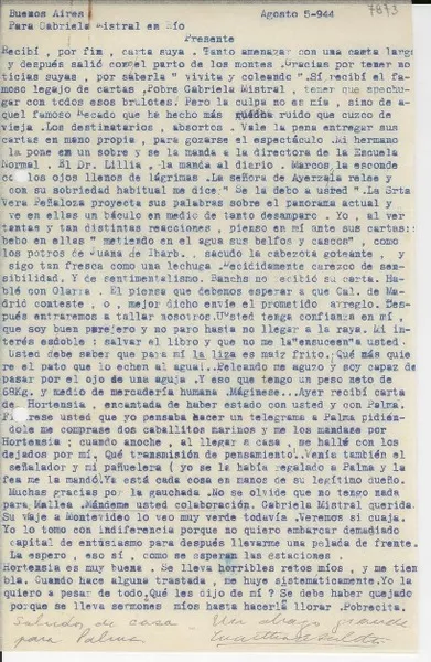 [Carta] 1944 ago. 5, Buenos Aires, [Argentina] [a] Gabriela Mistral, Río, [Brasil]  [manuscrito] Martha A. Salotti.