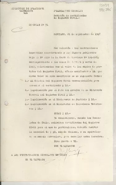 Circular N° 71, 1948 sept. 21, Santiago [a] los Representantes Consulares de Chile en el exterior  [manuscrito]