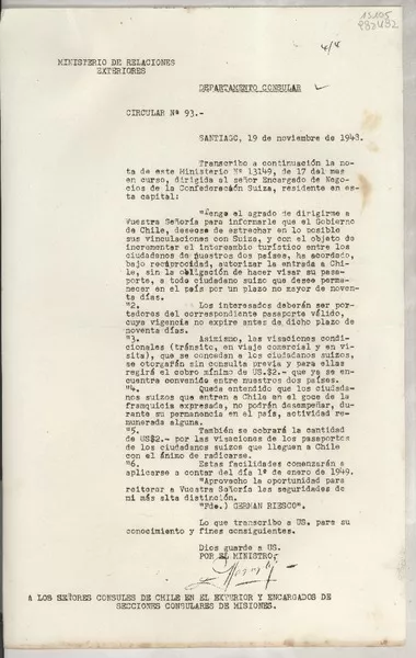Circular N° 93, 1948 nov. 19, Santiago, [Chile] [a] Los Señores Cónsules de Chile en el exterior y Encargados de Secciones Consulares de Misiones  [manuscrito] Germán Vergara Donoso.