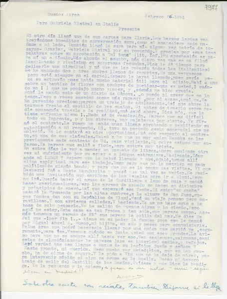 [Carta] 1951 feb. 25, Buenos Aires [a] Gabriela Mistral, Italia  [manuscrito] Martha [Salotti].