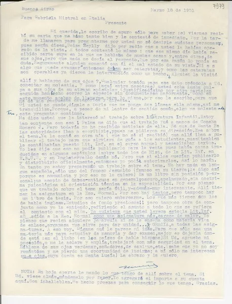 [Carta] 1951 mar. 18, Buenos Aires [a] Gabriela Mistral, Italia  [manuscrito] Martha [Salotti].