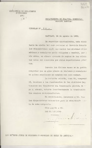 Circular N° 70, 1950 ago. 24, Santiago [a] los señores Jefes de Misiones y Consules de Chile en América  [manuscrito]