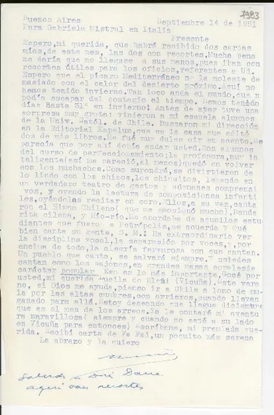 [Carta] 1951 sept. 14, Buenos Aires [a] Gabriela Mistral, Italia  [manuscrito] Martha [Salotti].