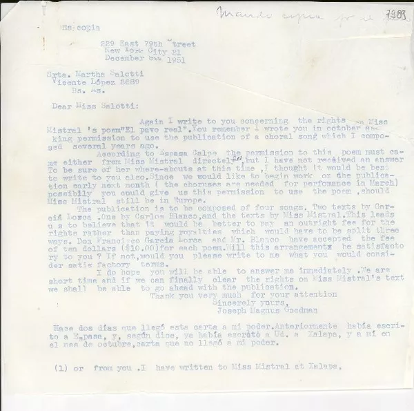 [Carta] 1951 dic. 8, New York [a] Martha Salotti, Buenos Aires  [manuscrito] Joseph Magnus Goodman.