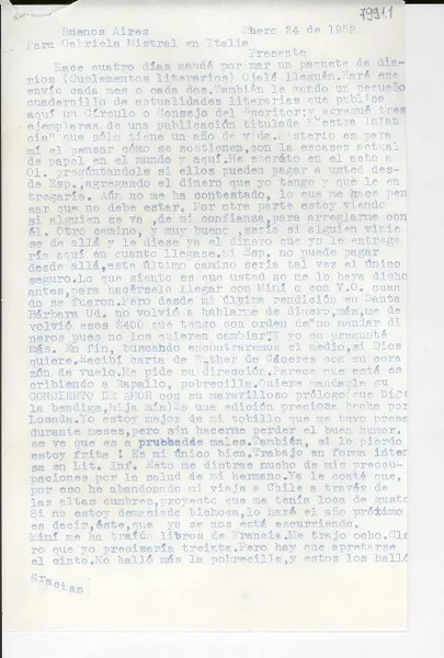 [Carta] 1952 ene. 24, Buenos Aires [a] Gabriela Mistral, Italia  [manuscrito] Martha [Salotti].