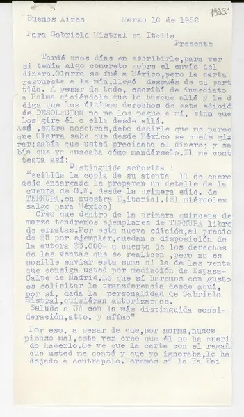 [Carta] 1952 mar. 10, Buenos Aires [a] Gabriela Mistral, Italia  [manuscrito] Martha [Salotti].