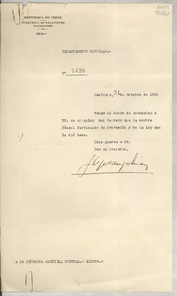[Memorandum] N° 7436, 1935 oct. 31, Santiago, [Chile] [a la] Señorita Gabriela Mistral, Lisboa, Portugal  [manuscrito].