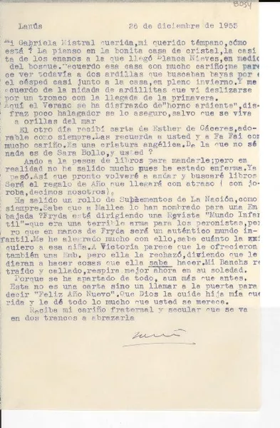 [Carta] 1955 dic. 26, Lanús, [Argentina] [a] Gabriela Mistral  [manuscrito] Martha [Salotti].