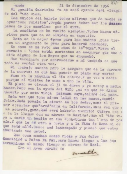 [Carta] 1956 dic. 21, Lanús, [Argentina] [a] Gabriela [Mistral]  [manuscrito] Martha [Salotti].