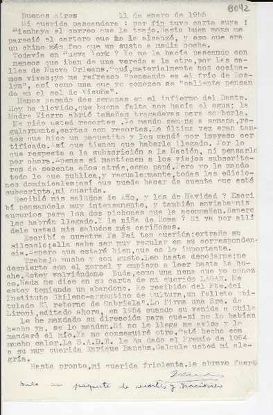 [Carta] 1955 ene. 11, Buenos Aires [a] Gabriela Mistral  [manuscrito] Martha [Salotti].