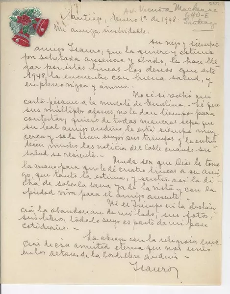 [Carta] 1948 ene. 1, Santiago, [Chile] [a] [Gabriela Mistral]  [manuscrito] Isauro [Santelices].