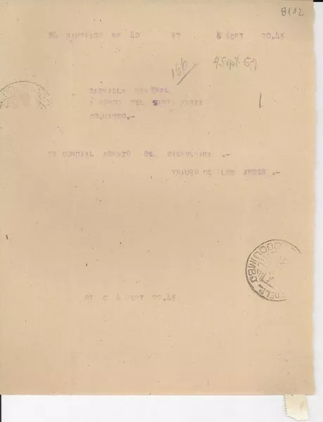 [Telegrama] 1954 sept. 4, Santiago, [Chile] [a] Gabriela Mistral, abordo del Santa María, Coquimbo, [Chile]  [manuscrito] Ysauro [sic] de los Andes.