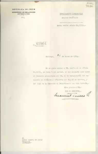 [Memorandum] N° 02864, 1949 mar. 21, Santiago, [Chile] [al] Señor Cónsul de Chile, Veracruz, [México]  [manuscrito] Manuel Trucco.