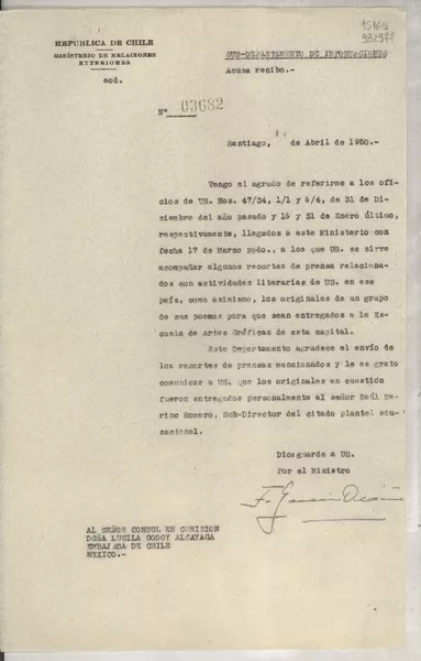 [Memorandum] N° 03682, 1950 abr. 14, Santiago [al] Señor Consul en comisión, Doña Lucila Godoy Alcayaga, Embajada de Chile, México  [manuscrito]