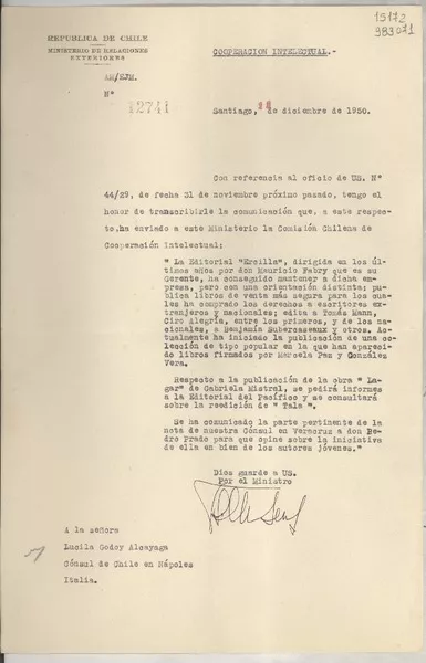 [Memorandum] N° 12741, 1950 dic. 11, Santiago [a] la señora Lucila Godoy Alcayaga, Cónsul de Chile en Nápoles, Italia  [manuscrito]