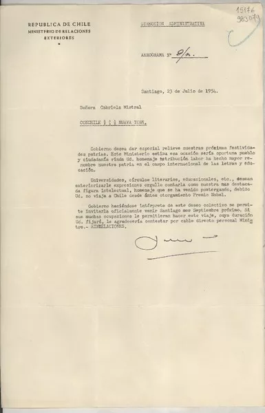 Aerograma SN 1954 jul. 23, Santiago [a] Señora Gabriela Mistral, Consulado de Chile, Nueva York  [manuscrito]