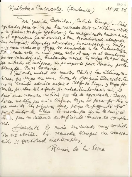 [Carta] 1934 jul. 31, Ruiloba-Casasola, Santander, [España] [a] Gabriela [Mistral]  [manuscrito] Ramón de la Serna.