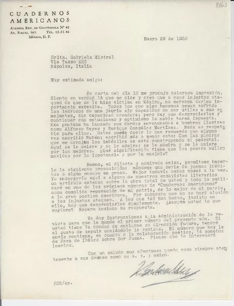 [Carta] 1952 ene. 29, [México D. F., México] [a la] Srita. Gabriela Mistral, Via Tasso 220, Nápoles, Italia  [manuscrito] Jesús Silva Herzog.
