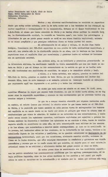 [Carta] [1948, Santiago] [a] Presidente del Pen Club de Chile  [manuscrito] Benjamín Subercaseaux.