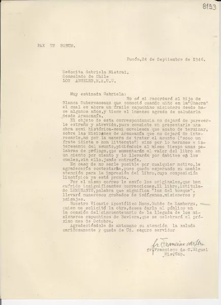 [Carta] 1946 sept. 24, Pucón, [Chile] [a] Gabriela Mistral, Los Ángeles, E.E.U.U.  [manuscrito] Francisco de San Miguel.