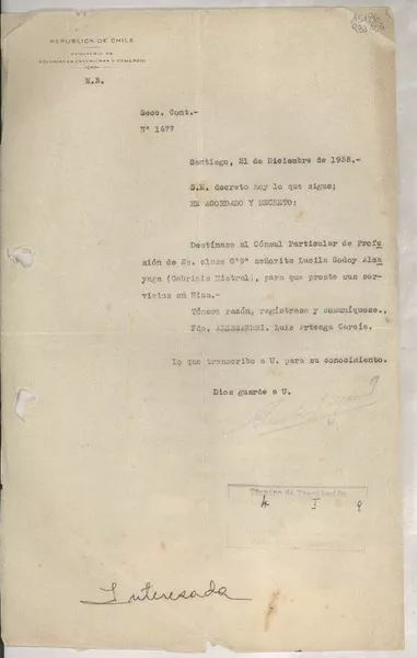 [Memorandum] Secc. Cont. N° 1677, 1938 dic. 21, Santiago, [Chile]  [manuscrito] Germán Vergara.