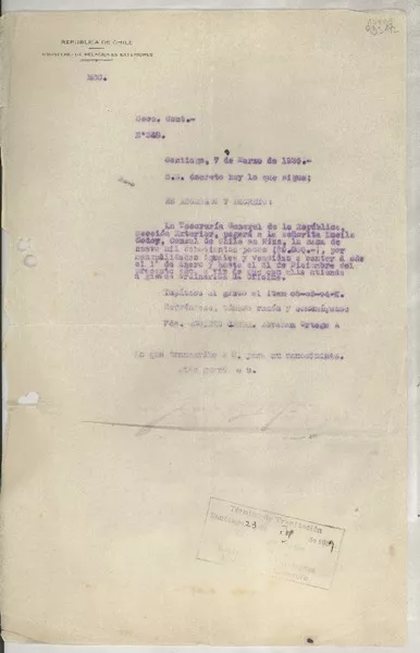 [Memorandum] Secc. Cont. N° 348, 1939 mar. 7, Santiago, [Chile]  [manuscrito]