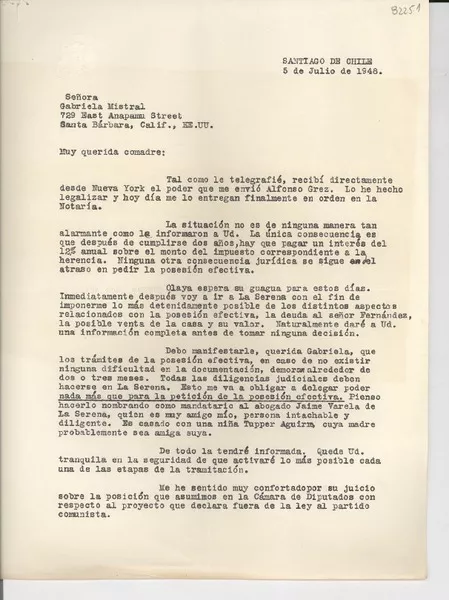 [Carta] 1948 jul. 5, Santiago, Chile [a] Gabriela Mistral, Santa Bárbara, Calif., EE.UU.  [manuscrito] [Radomiro Tomic].