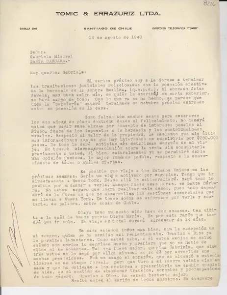 [Carta] 1948 ago. 14, Santiago, Chile [a] Gabriela Mistral, Santa Bárbara, [EE.UU.]  [manuscrito] [Radomiro Tomic].