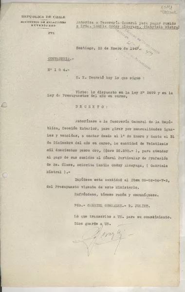 [Memorandum] Contaduría N° 104, 1947 ene. 23, Santiago, [Chile]  [manuscrito]