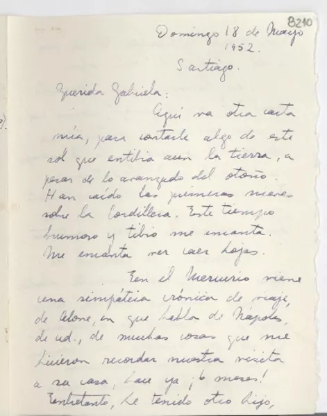 [Carta] 1952 mayo 18, Santiago [a] Gabriela Mistral  [manuscrito] Alicia Morel de Thayer.