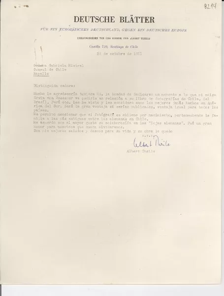 [Carta] 1951 oct. 28, [Santiago] [a] Gabriela Mistral, Rapallo  [manuscrito] Albert Theile.