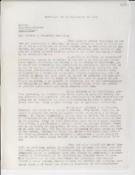 [Carta] 1946 sept. 30, Santiago [a] Gabriela Mistral, California  [manuscrito] [Radomiro Tomic].