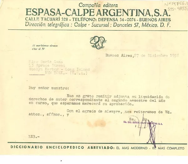 [Carta] 1958 dic. 27, Buenos Aires, [Argentina] [a] Doris Dana, Long Island, Nueva York (U.S.A.)  [manuscrito] Compañía Editora Espasa-Calpe Argentina S.A.