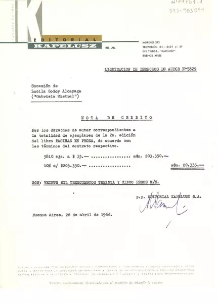 [Carta] 1966 abr. 26, Buenos Aires, [Argentina] [a] Sucesión de Lucila Godoy Alcayaga ("Gabriela Mistral")  [manuscrito] Editorial Kapeluz S.A.