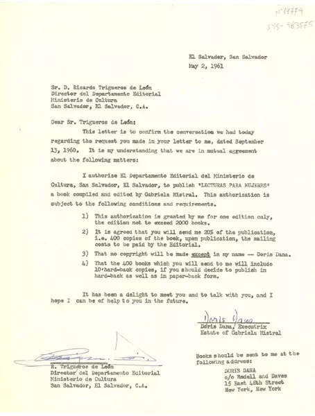 [Carta] 1961 may. 2, San Salvador, [El Salvador] [a] Ricardo Trigueros de León, Director del Departamento Editorial , Ministerio de Cultura, San Salvador, San Salvador.  [manuscrito] Doris Dana.