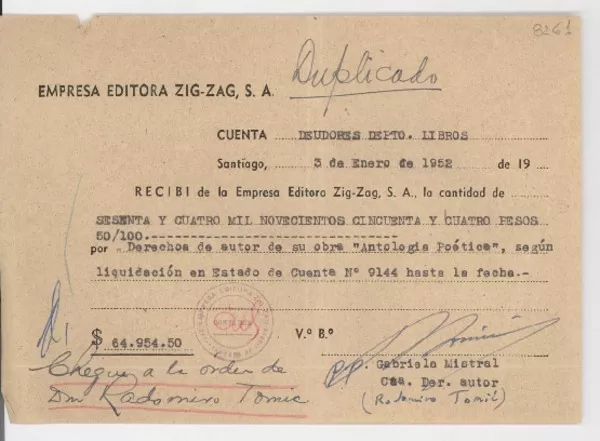 [Recibo] 1952 ene. 3, Santiago [a] Gabriela Mistral  [manuscrito] [Radomiro] Tomic.