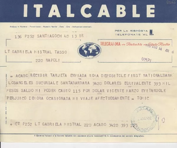 [Telegrama] 1952 ago. 14, Santiago [a] Gabriela Mistral, Napoli  [manuscrito] [Radomiro] Tomic.