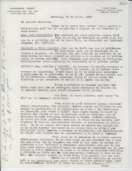 [Carta] 1954 jul. 20, Santiago [a] Gabriela Mistral  [manuscrito] [Radomiro] Tomic.