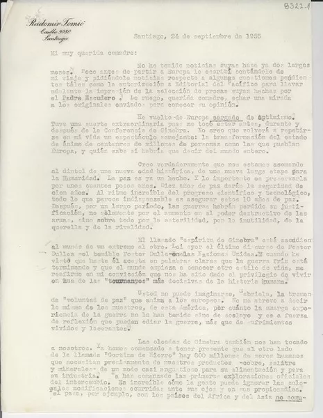 [Carta] 1955 sept. 24, Santiago, [Chile] [a] [Gabriela Mistral]  [manuscrito] Radomiro Tomic.