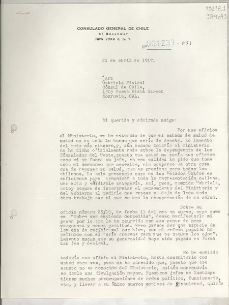 [Carta] 1947 abr. 21, New York, [Estados Unidos] [a] Gabriela Mistral, Cónsul de Chile, 1305 Buenavista Street, Monrovia, Cal.  [manuscrito] Alfonso Grez.