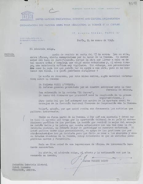 [Carta] 1949 ene. 24, París [a] Gabriela Mistral, Veracruz, México  [manuscrito] Jaime Torres Bodet.