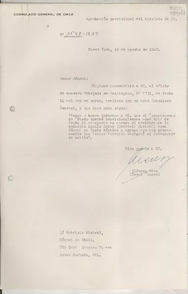 [Carta] 1947 ago. 19, New York, [Estados Unidos] [a] Gabriela Mistral, Cónsul de Chile, 729 East Anapamu Street., Santa Barbara, Cal.  [manuscrito] Alfonso Grez.
