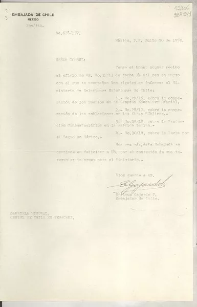 [Oficio] N° 618157, 1950 jul. 20, México D. F. [a] Gabriela Mistral, Cónsul de Chile, Veracruz  [manuscrito] / Enrique Gajardo V.